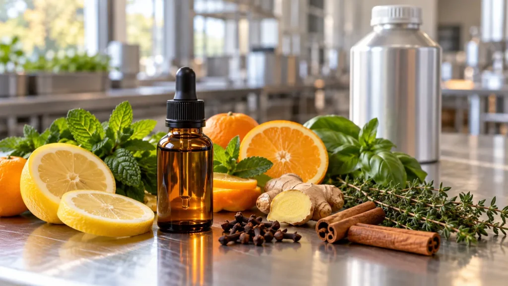 Huile essentielle alimentaire en flacon ambré entourée d’agrumes, de menthe, d’épices et d’herbes aromatiques